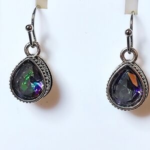 Mystic Topaz Purple Blue Green Rainbow Teardrop Pierced Silver Tone Earrings NEW